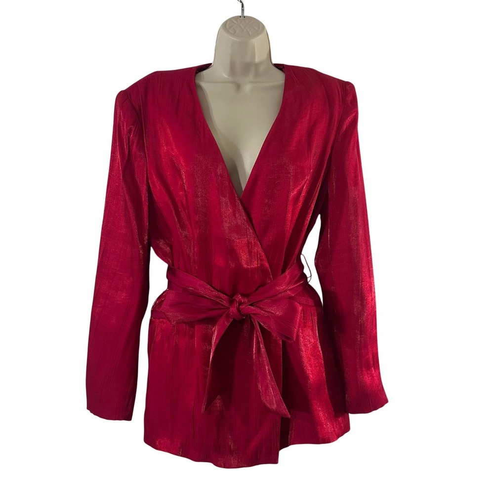 Zara Red Metallic Wrap Blazer Jacket Belted Shimmer NWT Large